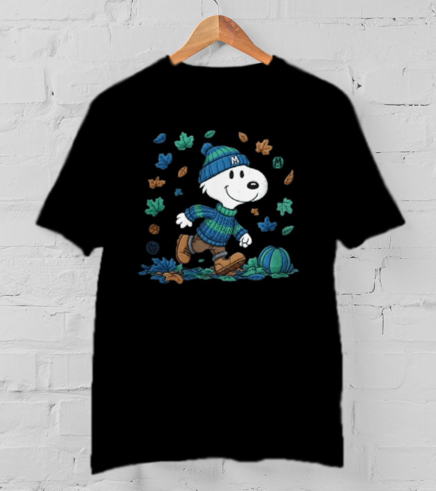 Snoopy Walking Autumn Leaves Blue Green Beanie Pumpkin T-Shirt