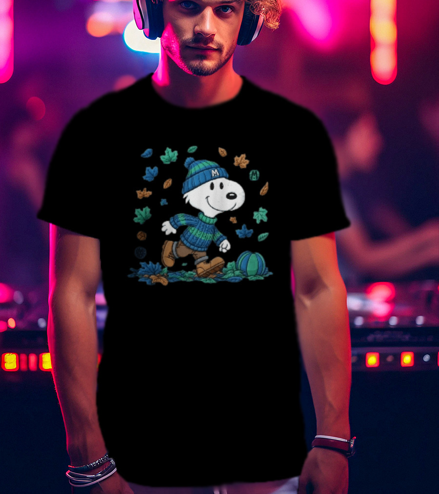 Snoopy Walking Autumn Leaves Blue Green Beanie Pumpkin T-Shirt