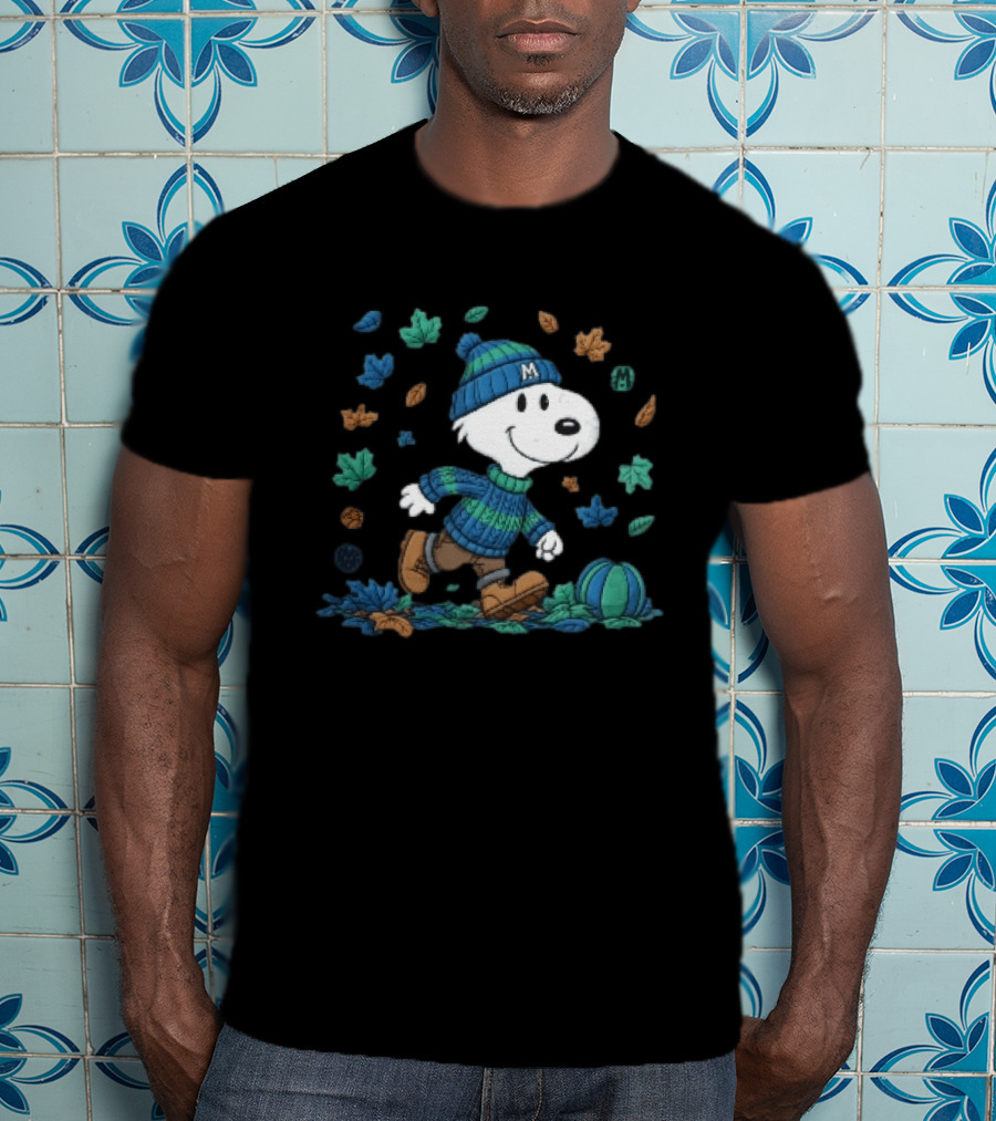 Snoopy Walking Autumn Leaves Blue Green Beanie Pumpkin T-Shirt