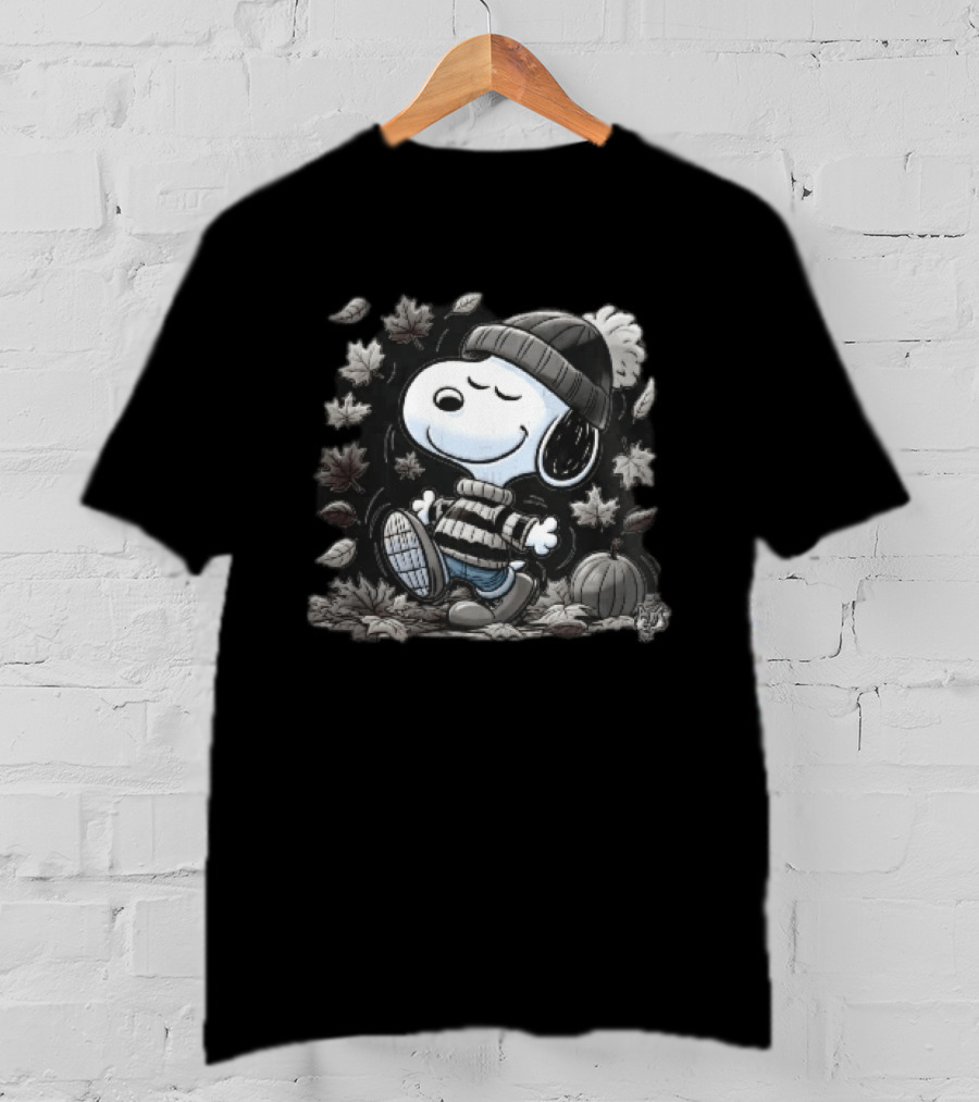 Snoopy Walking Beanie Striped Sweater Autumn Leaves Pumpkin Cartoon T-Shirt