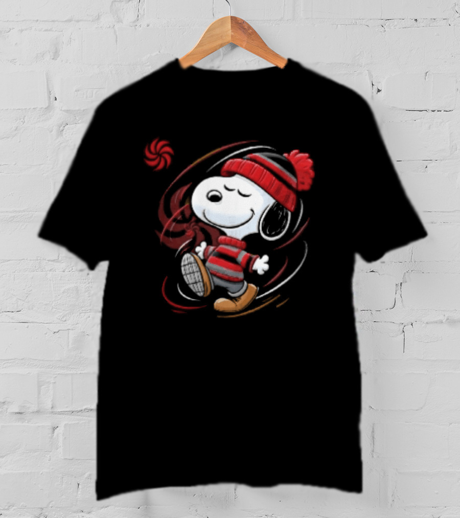 Snoopy Walking Red Black Striped Beanie Swirl Cartoon T-Shirt