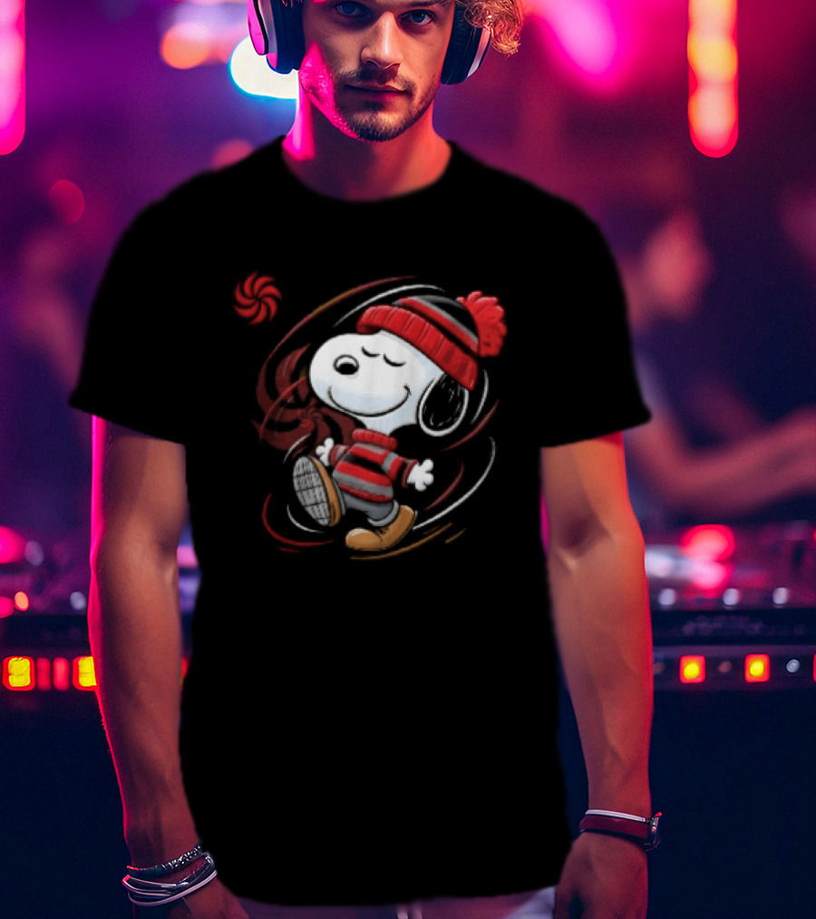 Snoopy Walking Red Black Striped Beanie Swirl Cartoon T-Shirt