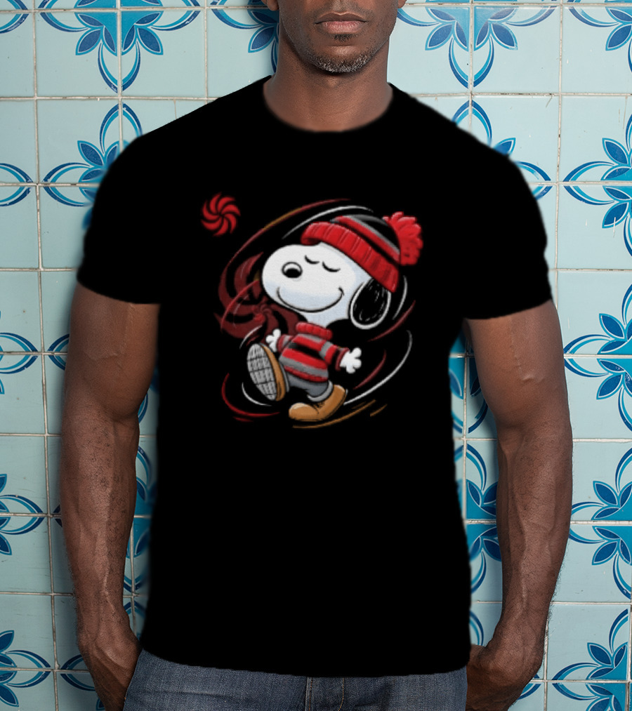 Snoopy Walking Red Black Striped Beanie Swirl Cartoon T-Shirt