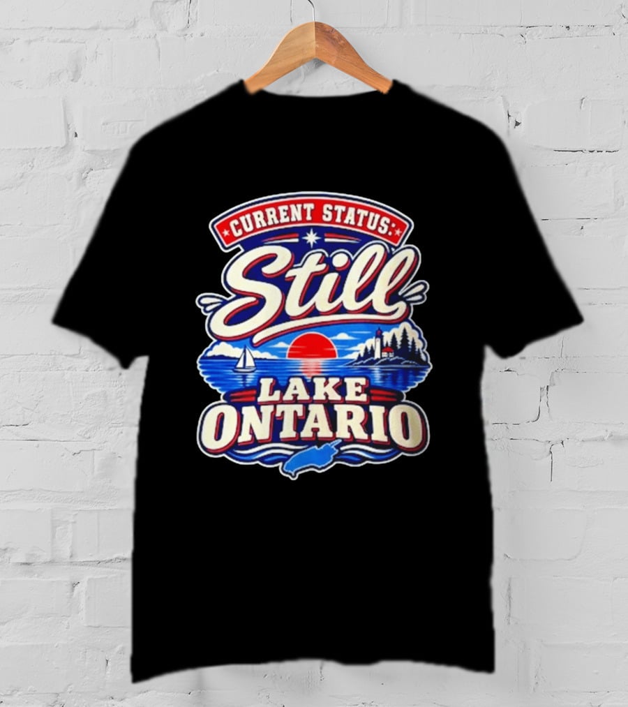 Current Status Still Lake Ontario Sunset Sailboat Lighthouse Scene T-Shirt