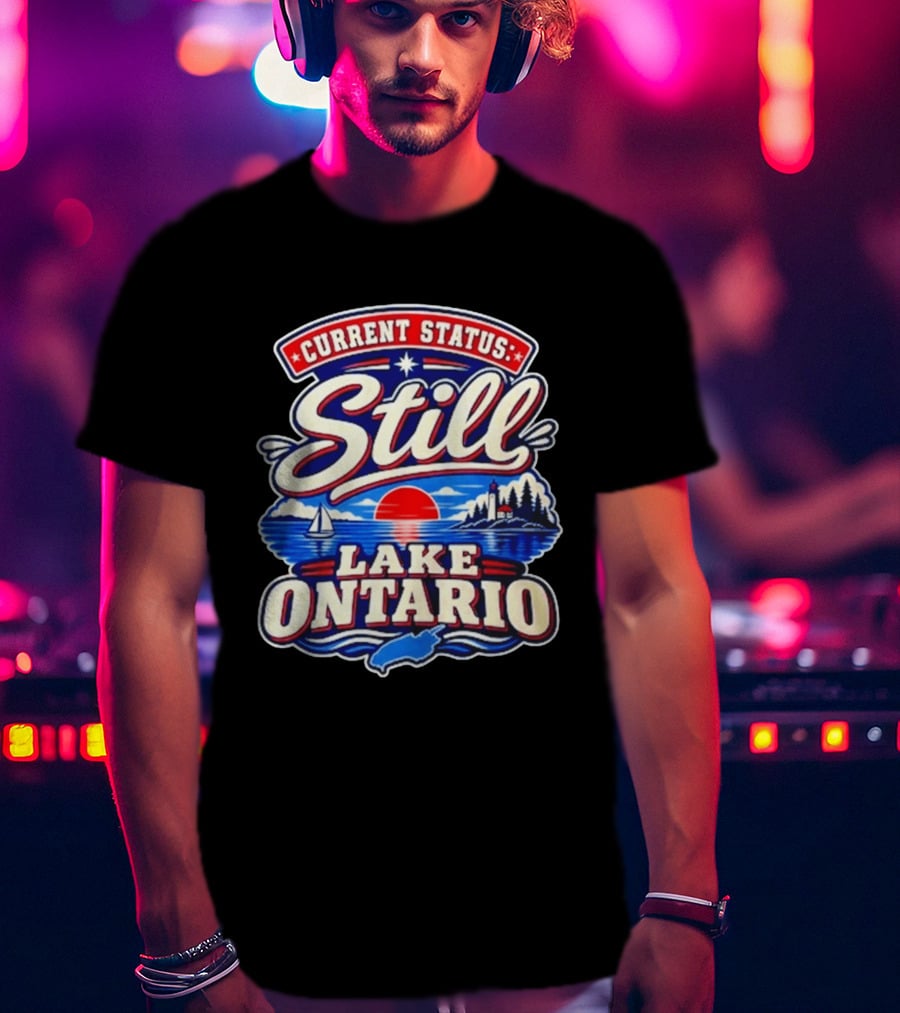 Current Status Still Lake Ontario Sunset Sailboat Lighthouse Scene T-Shirt