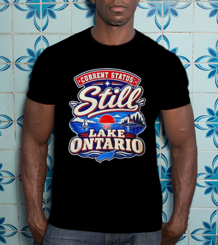 Current Status Still Lake Ontario Sunset Sailboat Lighthouse Scene T-Shirt