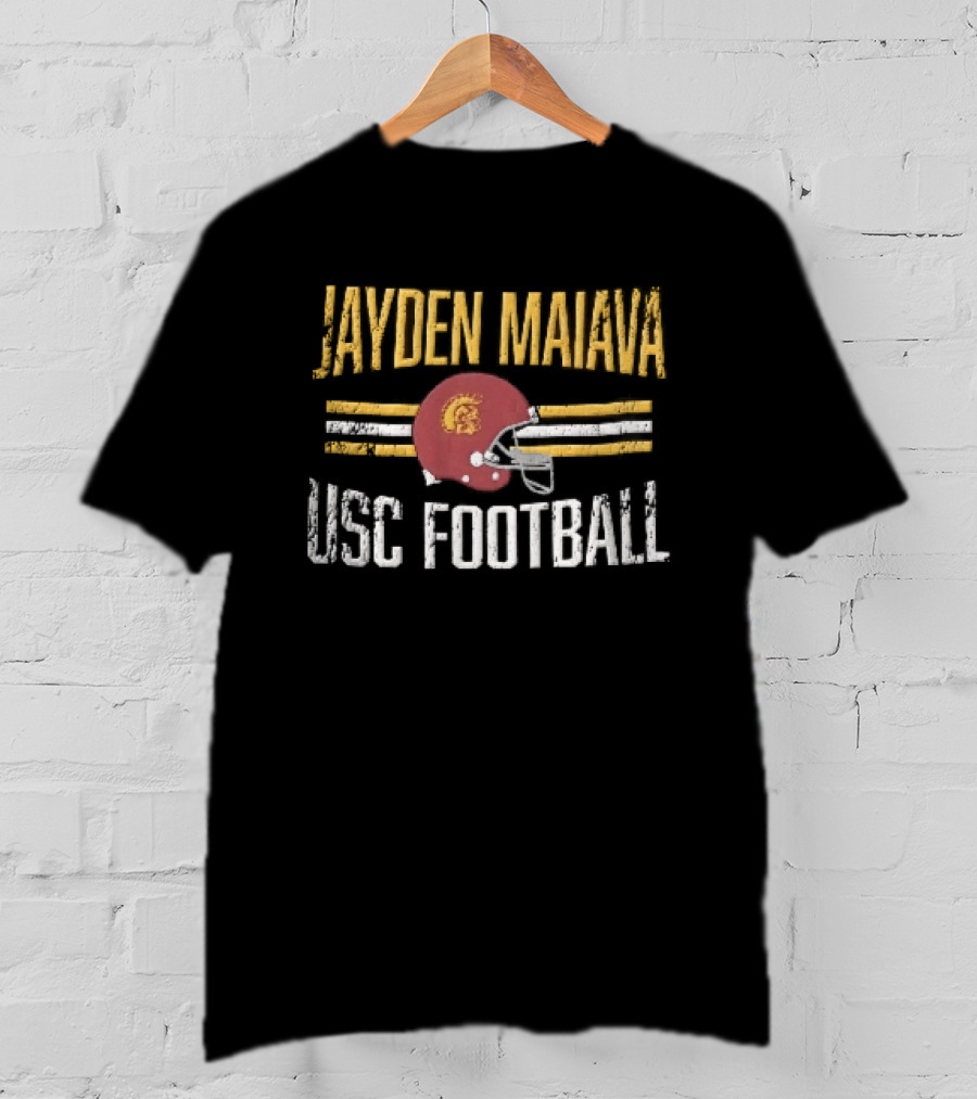 Jayden Maiava USC Football Distressed Helmet Yellow Stripes T-Shirt