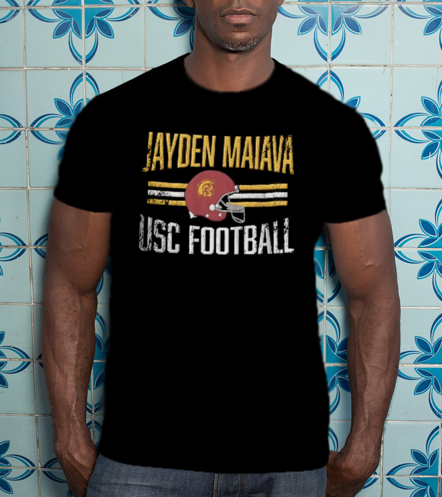 Jayden Maiava USC Football Distressed Helmet Yellow Stripes T-Shirt
