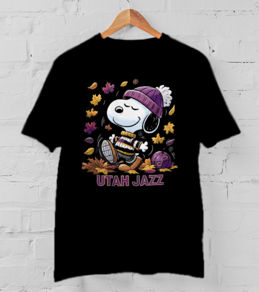 Utah Jazz Snoopy Cartoon Walking In Autumn Leaves Purple Beanie Basketball T-Shirt