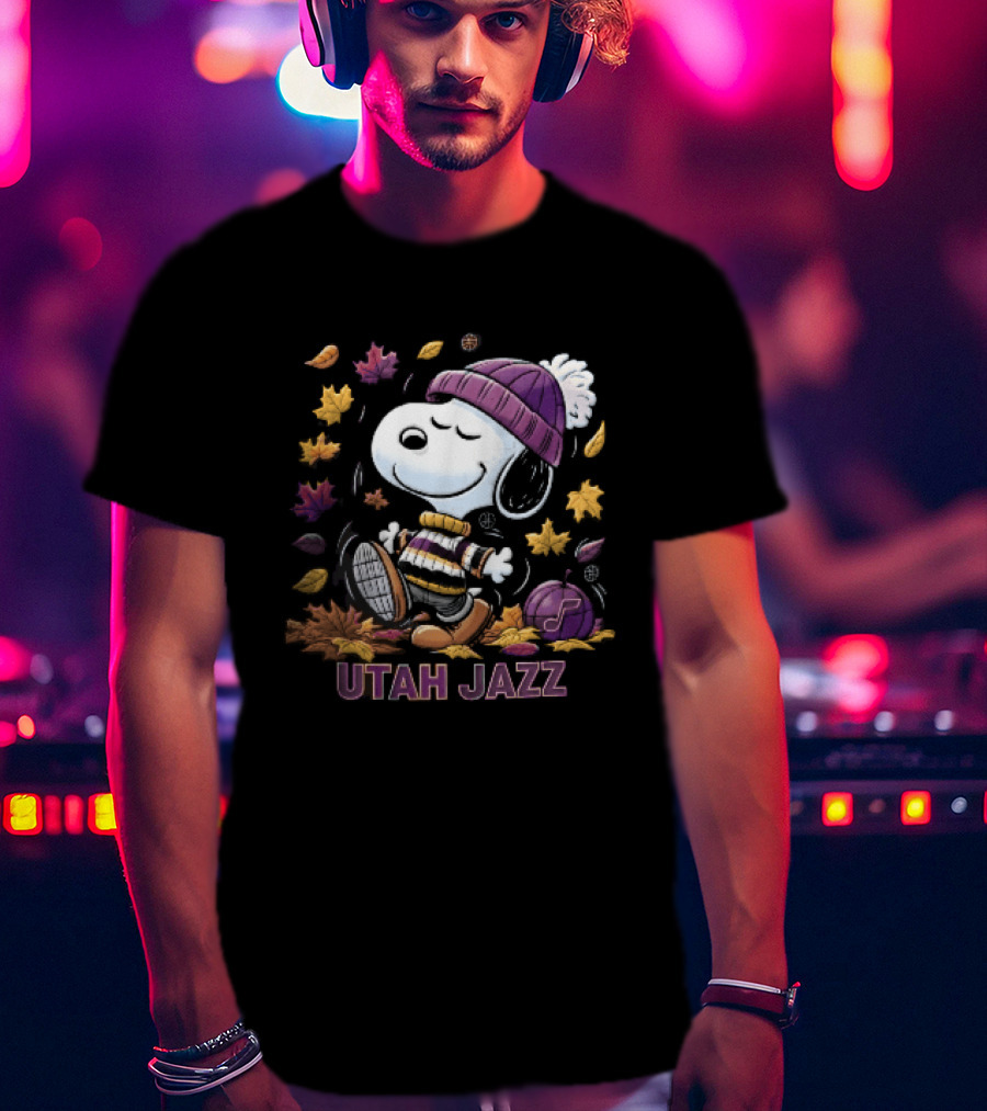 Utah Jazz Snoopy Cartoon Walking In Autumn Leaves Purple Beanie Basketball T-Shirt