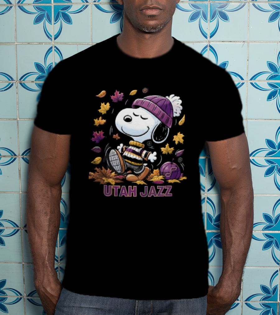 Utah Jazz Snoopy Cartoon Walking In Autumn Leaves Purple Beanie Basketball T-Shirt