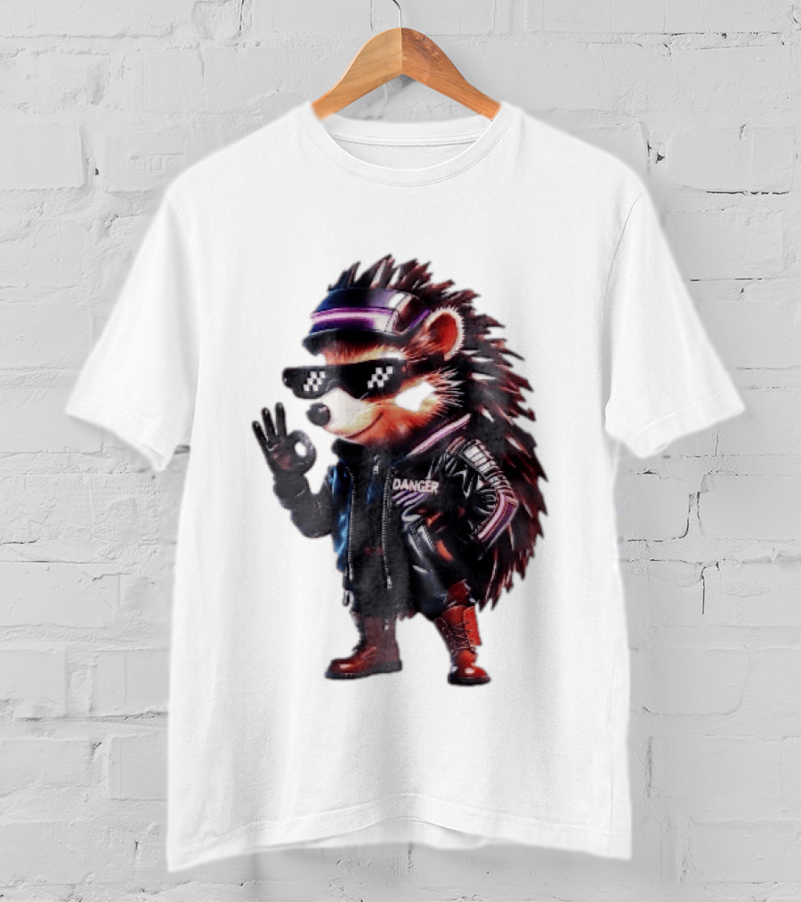 Danger Hedgehog Pixel Sunglasses Leather Jacket T-Shirt