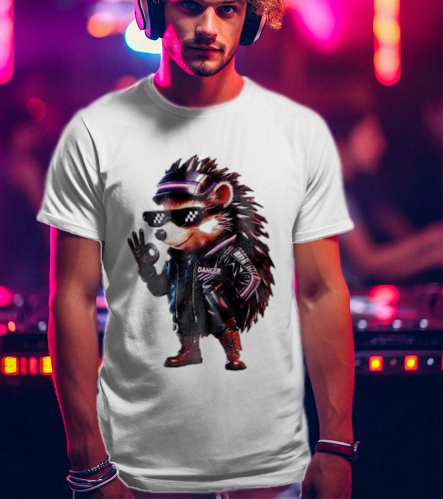 Danger Hedgehog Pixel Sunglasses Leather Jacket T-Shirt