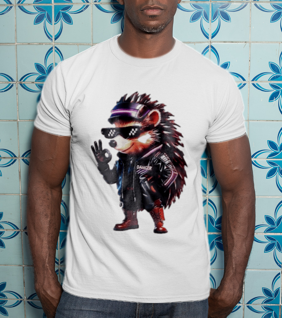 Danger Hedgehog Pixel Sunglasses Leather Jacket T-Shirt