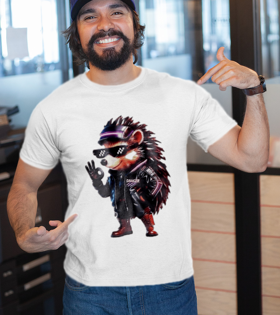 Danger Hedgehog Pixel Sunglasses Leather Jacket T-Shirt