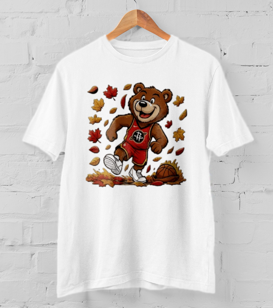 Houston Rockets Clutch The Bear Running With Basketball And Autumn Leaves T-Shirt