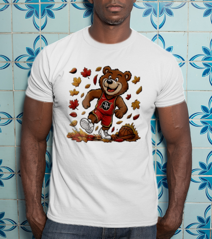 Houston Rockets Clutch The Bear Running With Basketball And Autumn Leaves T-Shirt