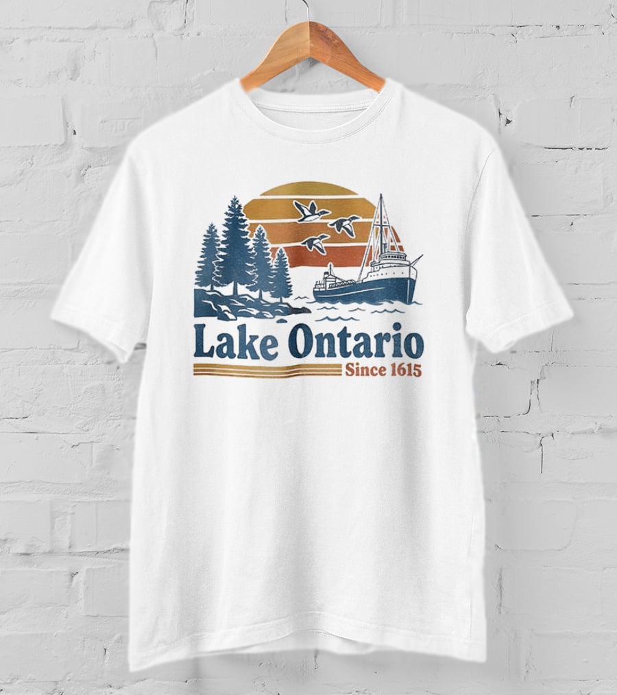 Lake Ontario Great Lakes Since 1615 Scenic Sunrise With Ship And Trees T-Shirt