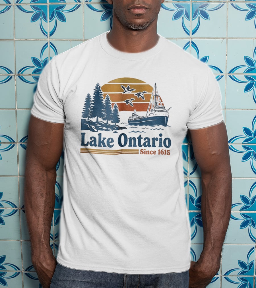 Lake Ontario Great Lakes Since 1615 Scenic Sunrise With Ship And Trees T-Shirt