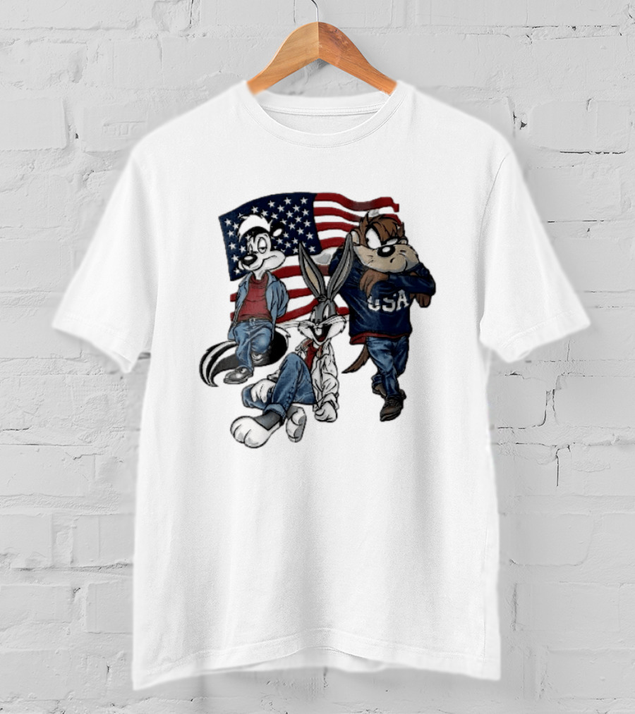 Looney Tunes Pepe Le Pew Bugs Bunny Tasmanian Devil USA American Flag Caricature T-Shirt