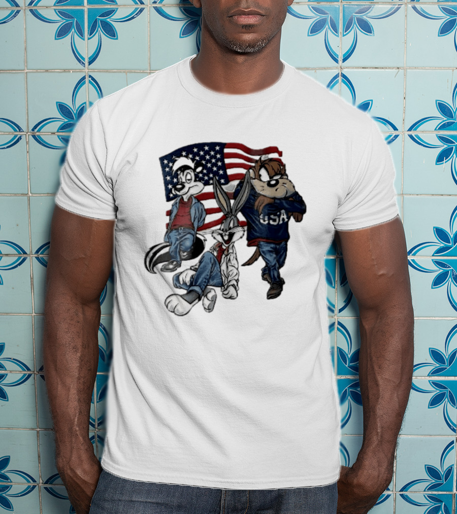 Looney Tunes Pepe Le Pew Bugs Bunny Tasmanian Devil USA American Flag Caricature T-Shirt