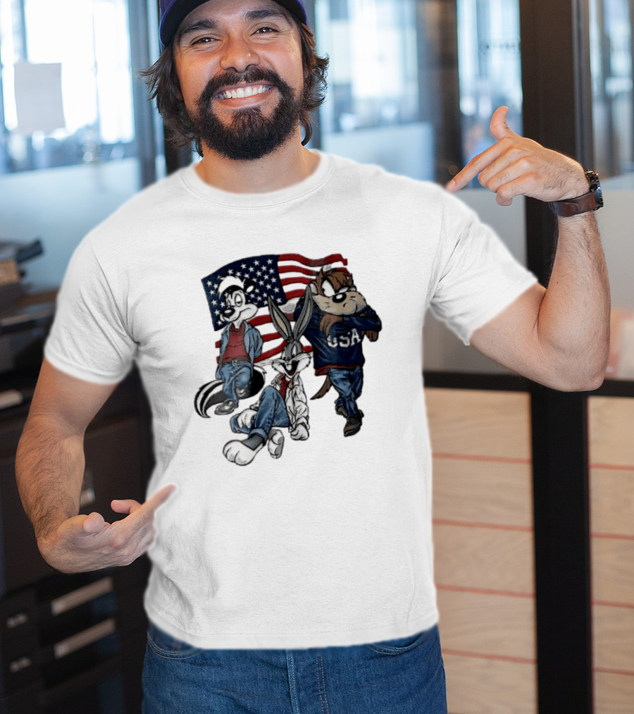 Looney Tunes Pepe Le Pew Bugs Bunny Tasmanian Devil USA American Flag Caricature T-Shirt