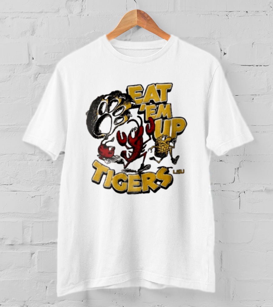 LSU Tigers Eat Em Up Cartoon Crawfish Corn Bean Paw Running T-Shirt