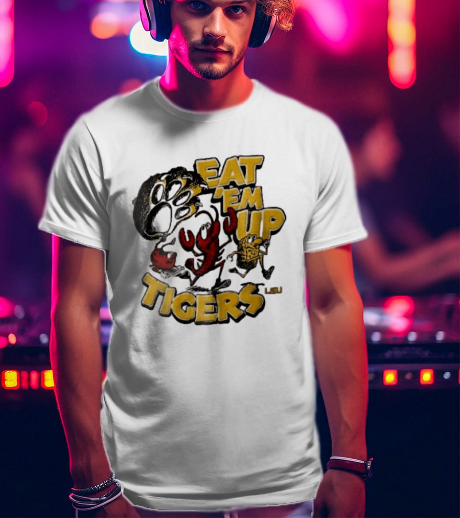 LSU Tigers Eat Em Up Cartoon Crawfish Corn Bean Paw Running T-Shirt