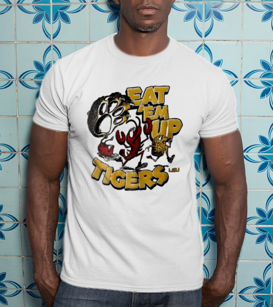 LSU Tigers Eat Em Up Cartoon Crawfish Corn Bean Paw Running T-Shirt