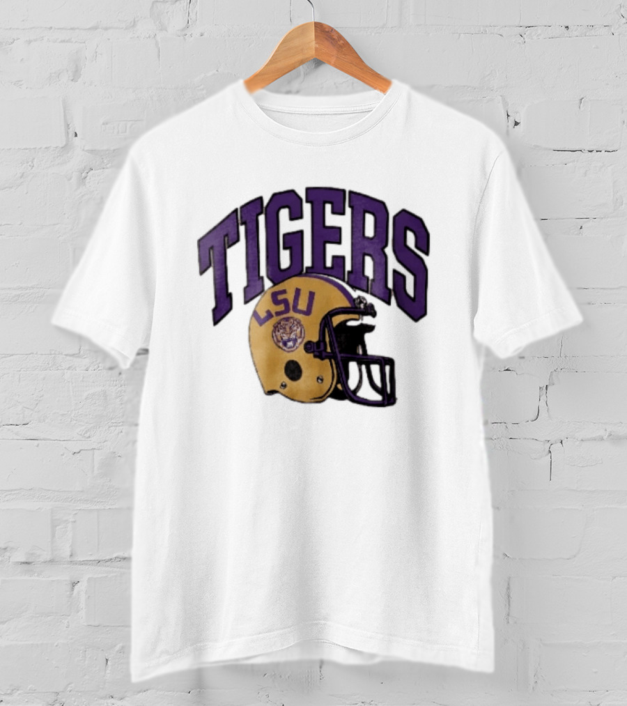 LSU Tigers Yellow Football Helmet Purple Arched Letters NCAA T-Shirt