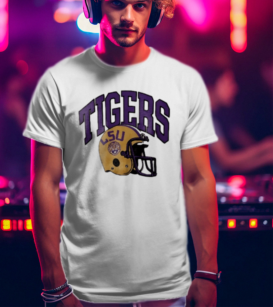 LSU Tigers Yellow Football Helmet Purple Arched Letters NCAA T-Shirt