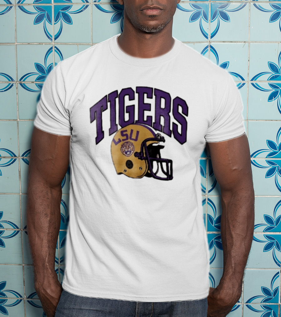 LSU Tigers Yellow Football Helmet Purple Arched Letters NCAA T-Shirt