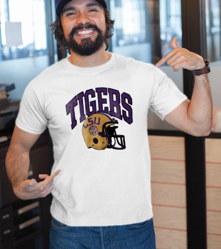 LSU Tigers Yellow Football Helmet Purple Arched Letters NCAA T-Shirt