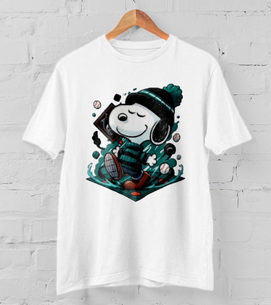 Miami Marlins MLB Snoopy Walking Teal Winter Beanie Striped Baseballs T-Shirt