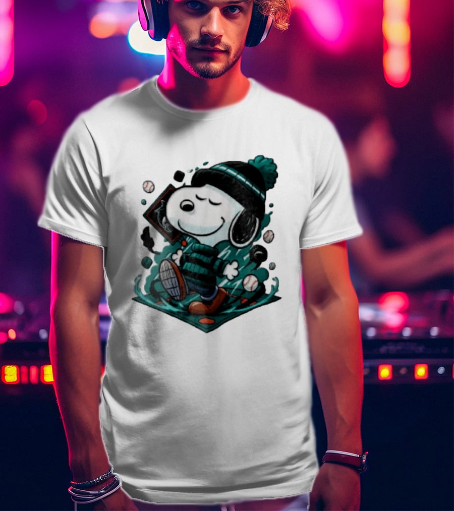 Miami Marlins MLB Snoopy Walking Teal Winter Beanie Striped Baseballs T-Shirt