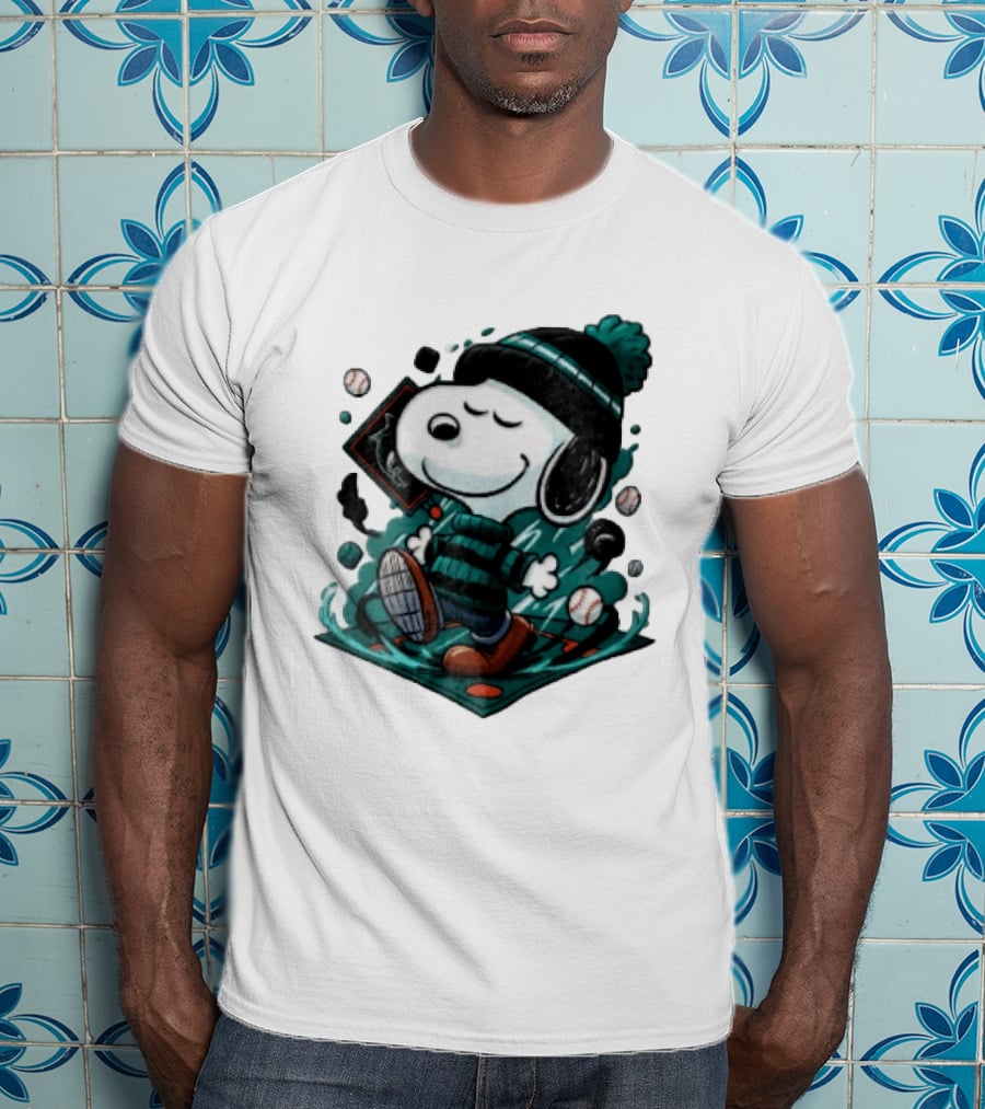 Miami Marlins MLB Snoopy Walking Teal Winter Beanie Striped Baseballs T-Shirt