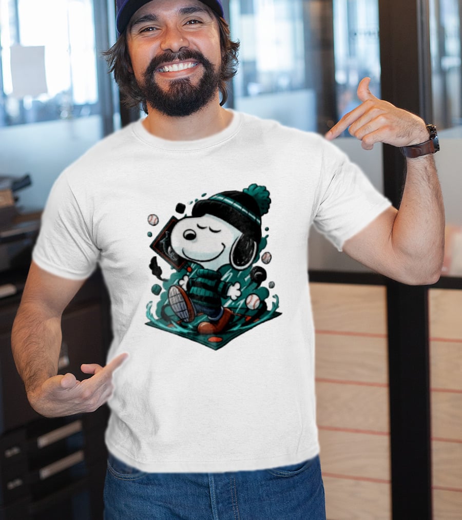 Miami Marlins MLB Snoopy Walking Teal Winter Beanie Striped Baseballs T-Shirt