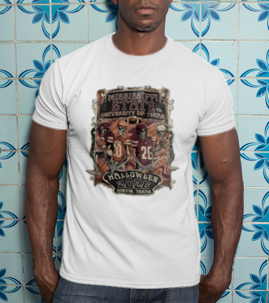 Mississippi State Vs University Of Texas Halloween 2026 Austin Texas Skeleton Football Players T-Shirt