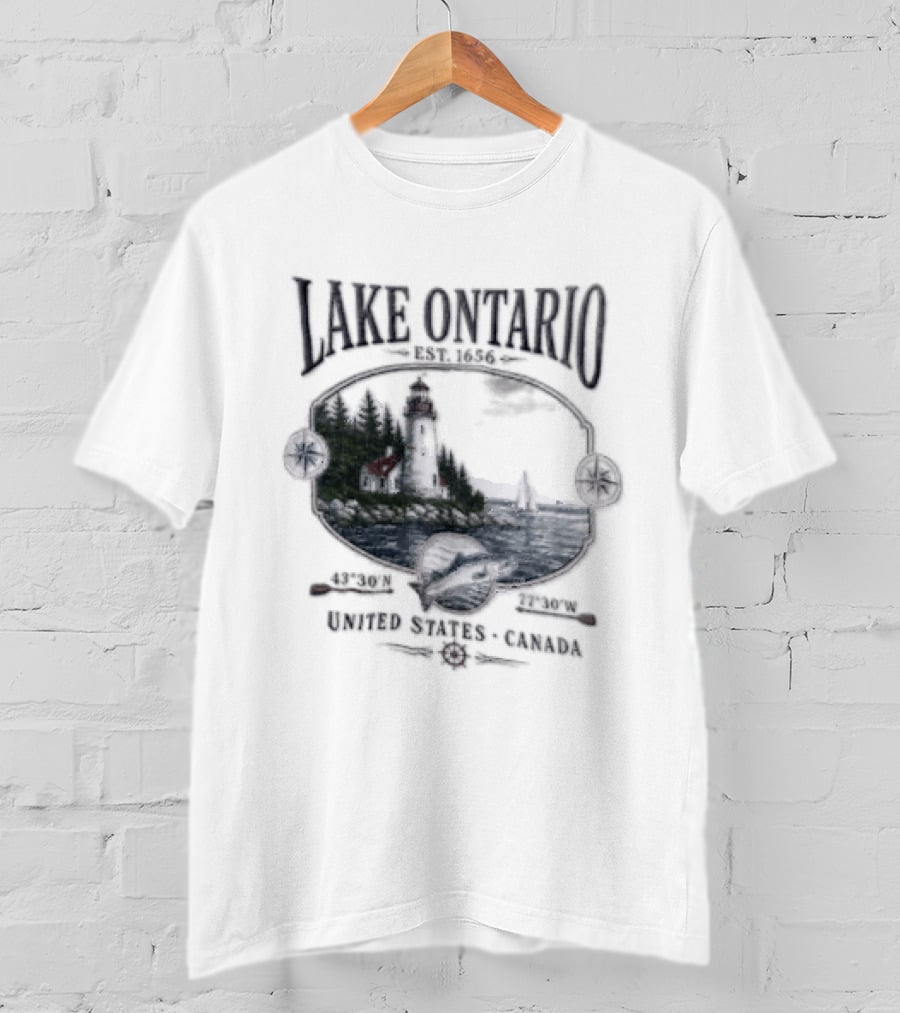 Lake Ontario Lighthouse Sailboat Fish 43 30 And 77 W United States Canada T-Shirt