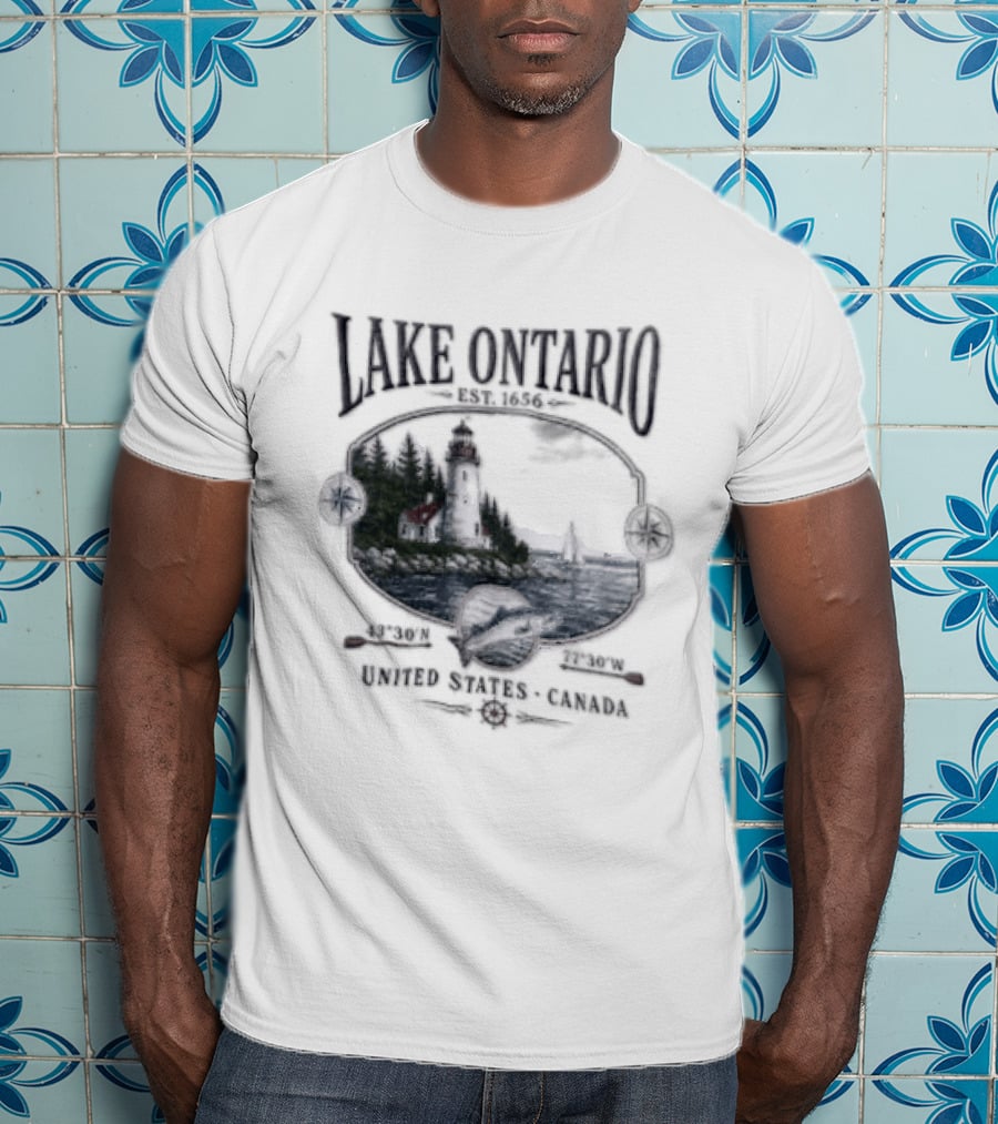 Lake Ontario Lighthouse Sailboat Fish 43 30 And 77 W United States Canada T-Shirt