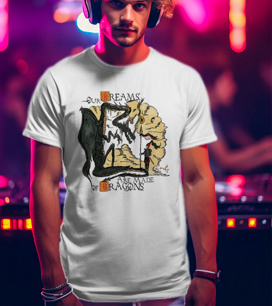 Our Dreams Are Made Of Dragons Artwork Yellow Red Black Fantasy T-Shirt