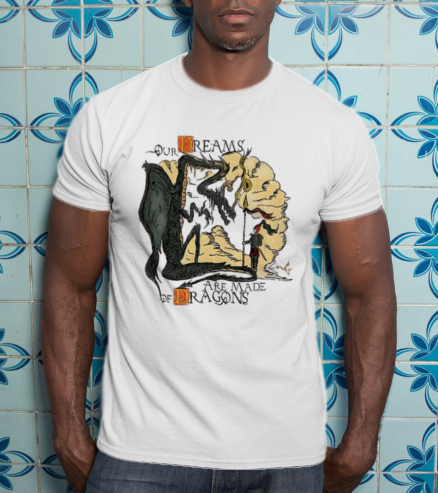 Our Dreams Are Made Of Dragons Artwork Yellow Red Black Fantasy T-Shirt
