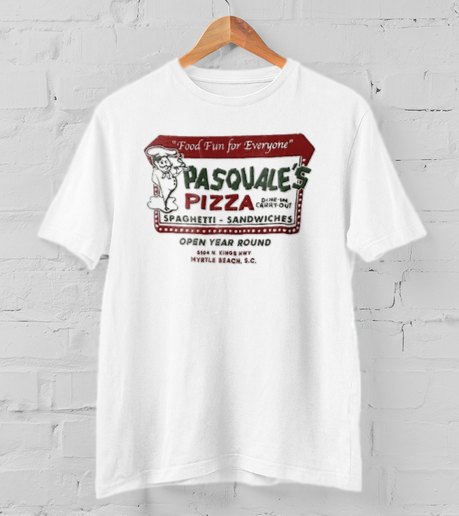 Pasquales Pizza Food Fun For Everyone Myrtle Beach Cartoon Chef Marquee Sign Spaghetti Sandwiches T-Shirt