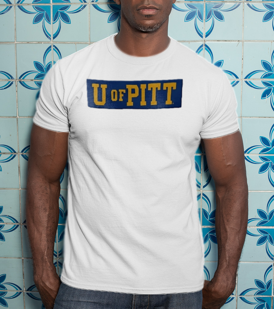 U Of Pitt Blue Wooden Board Yellow Lettering T-Shirt