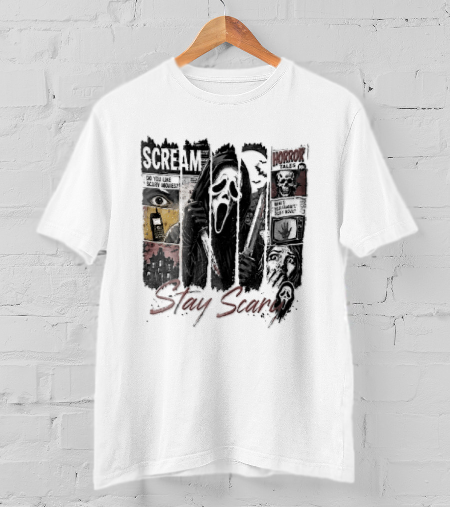Scream Stay Scary Ghostface Comic Bloody Dagger Do You Like Scary Movies T-Shirt