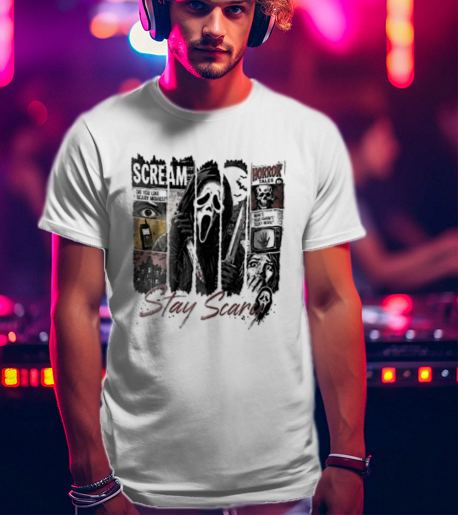 Scream Stay Scary Ghostface Comic Bloody Dagger Do You Like Scary Movies T-Shirt
