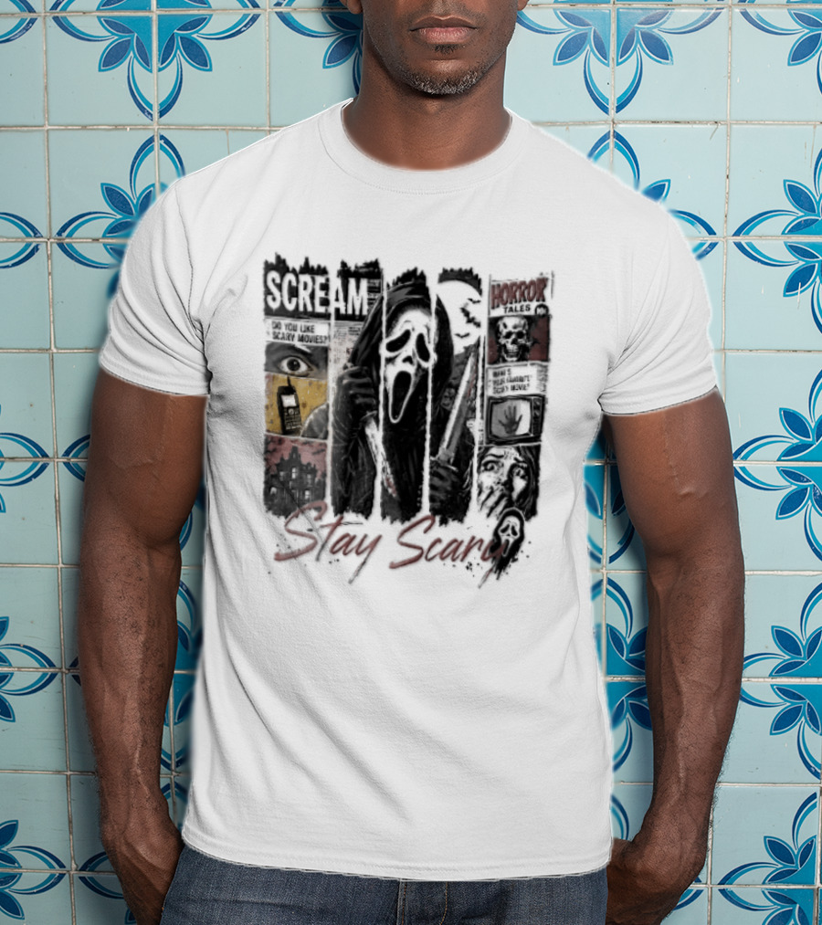 Scream Stay Scary Ghostface Comic Bloody Dagger Do You Like Scary Movies T-Shirt