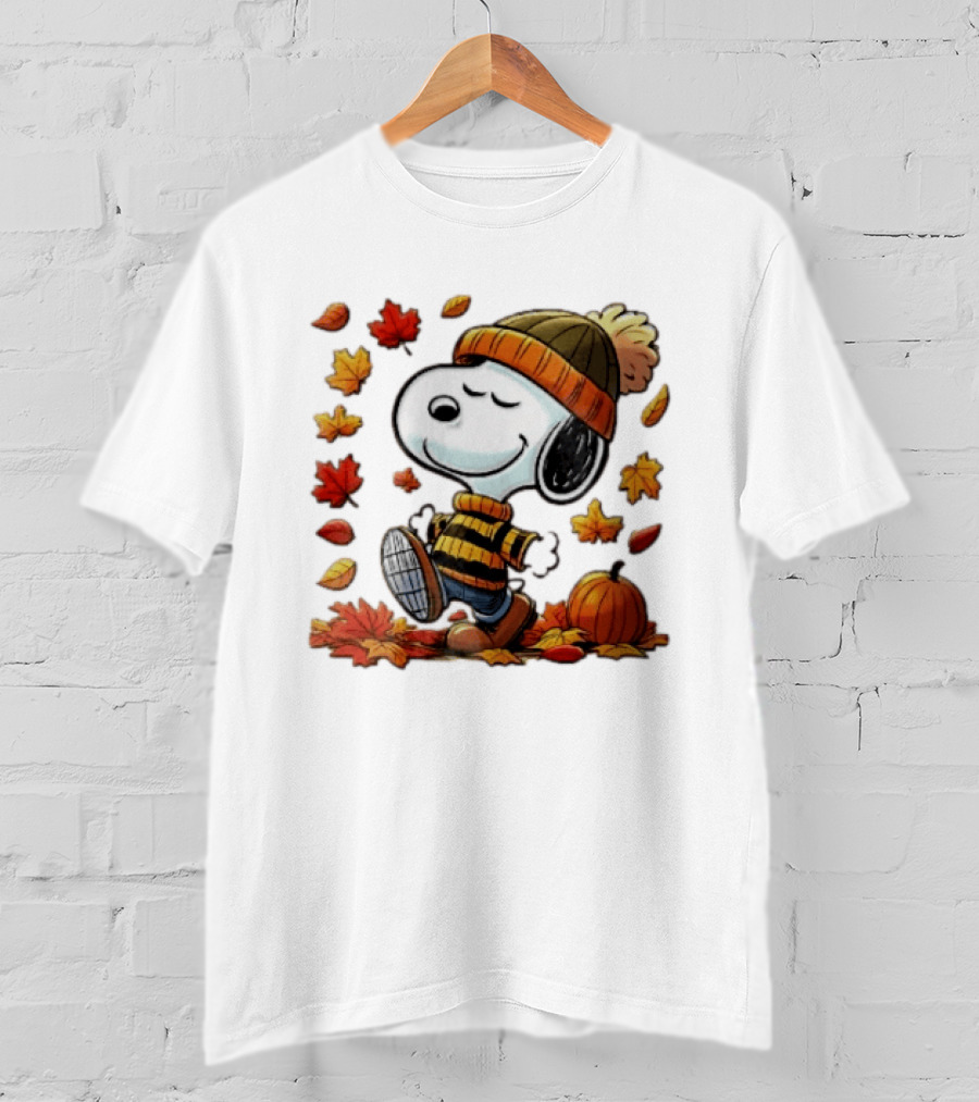 Snoopy Walking In Striped Beanie With Autumn Leaves And Pumpkin T-Shirt