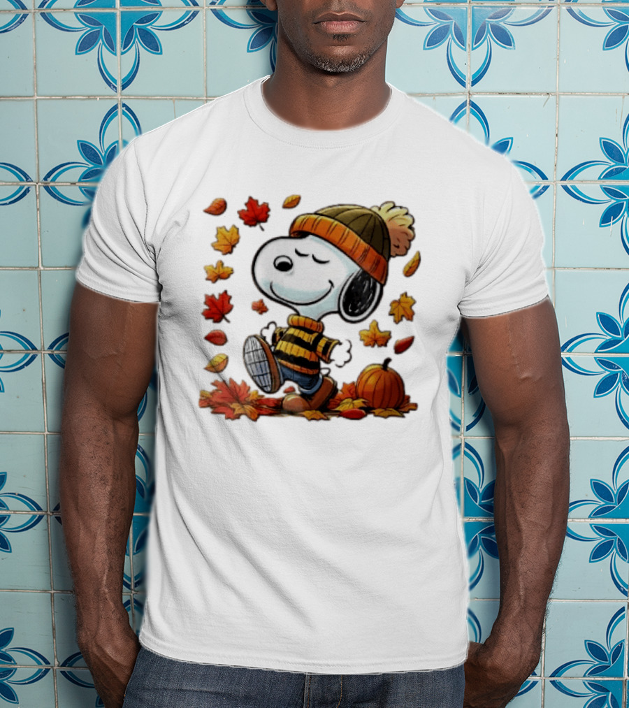 Snoopy Walking In Striped Beanie With Autumn Leaves And Pumpkin T-Shirt