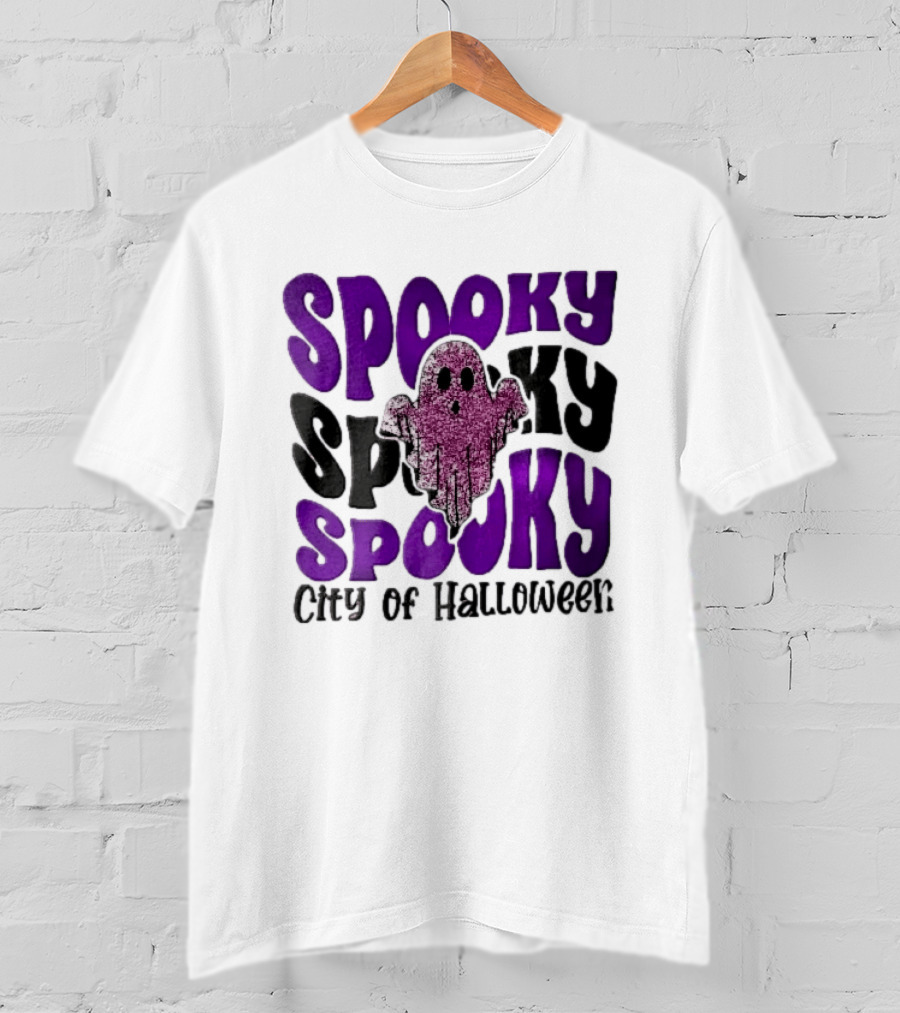 Spooky City Of Halloween Pink Glitter Ghost Retro Groovy T-Shirt